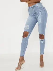 I Saw It First Women Blue Skinny Fit Highly Distressed Light Fade Stretchable Jeans