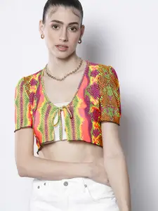 I Saw It First Women Multicoloured Printed Crop Tie-Up Shrug