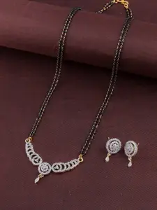 Brandsoon Gold-Plated & Black Beaded AD-Studded Brass Mangalsutra With Earrings