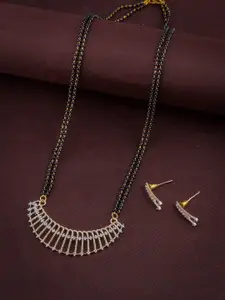 Brandsoon Women Gold-Plated & Black Stone-Studded & Beaded Mangalsutra With Earrings