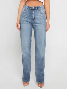 I Saw It First Women Blue Light Fade High Rise Regular Fit Split Hem Pure Cotton Jeans