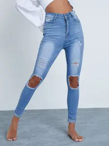 I Saw It First Women Blue High Rise Skinny Fit Ripped Light Fade Stretchable Jeans