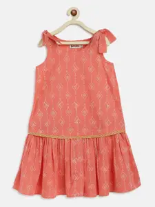 Fabindia Girls Peach Block Printed Cotton A-Line Dress