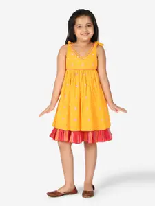 Fabindia Girls Yellow & Red Bandhani Printed Layered Cotton Fit & Flare Dress