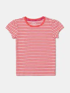 Jockey Girls Peach-Coloured & White Striped Slim Fit Cotton T-shirt