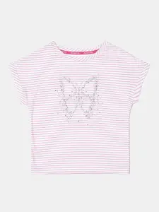 Jockey Girls White & Pink Striped Extended Sleeves Cotton T-shirt