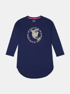 Jockey Girls Blue Typography Printed Drop-Shoulder Sleeves Cotton T-shirt
