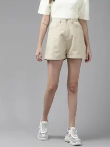 KASSUALLY Women Cream-Coloured High-Rise Shorts