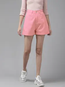 KASSUALLY Women Pink High-Rise Outdoor Denim Shorts
