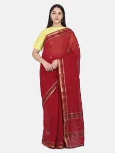 THE WEAVE TRAVELLER Red & Golden Ethnic Motifs Zari Pure Cotton Mangalagiri Saree