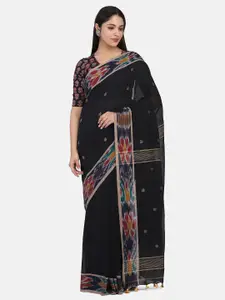 THE WEAVE TRAVELLER Black & Maroon Woven Design Pure Cotton Jamdani Saree