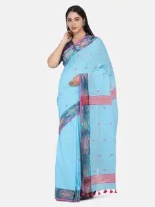 THE WEAVE TRAVELLER Blue & Pink Woven Design Pure Cotton Jamdani Saree