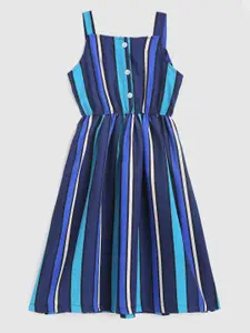 YK Girls Blue & Black Striped Crepe Fit & Flare Dress