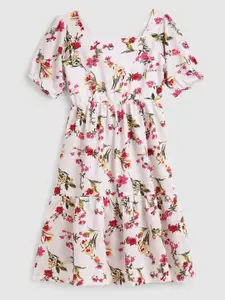 YK Girls White & Red Floral Printed Crepe Dress