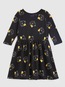 YK Girls Black & Yellow Printed Fit & Flare Dress