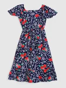 YK Girls Navy Blue & Red Floral Printed Smocked Flared Sleeves Fit & Flare Dress