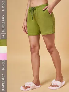 Dreamz by Pantaloons Women Set Of 3 Green & Pink Cotton Lounge Shorts