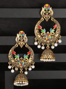 ANIKAS CREATION Gold-Plated Red & White Dome Shaped Jhumkas