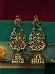 ANIKAS CREATION Gold-Plated Green & White Dome Shaped Jhumkas
