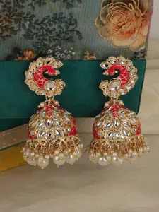 ANIKAS CREATION Gold-Plated & Red Kundan Dome Shaped Jhumkas