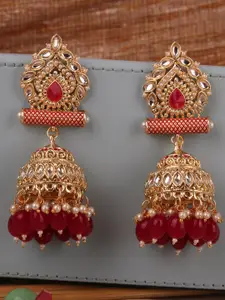 ANIKAS CREATION Gold-Toned & Red Dome Shaped Jhumkas Earrings