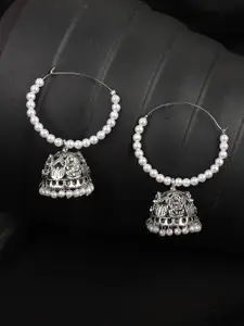 ANIKAS CREATION Silver-Plated & White Dome Shaped Hoop Earrings