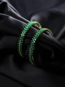 justpeachy Set of 2 Green & Gold Plated AD Studded Bangles
