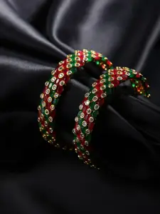 justpeachy Set Of 2 Gold-Plated & Green Stone-Studded Bangles