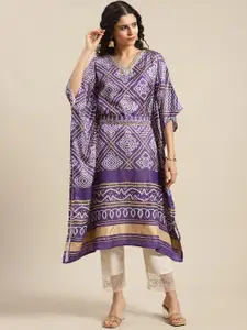Varanga Women Purple & White Ethnic Motifs Printed Flared Sleeves Silk Kaftan Kurta