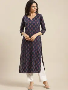 Varanga Women Navy Blue & Red Ethnic Motifs Printed Kurta