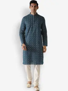 KISAH Men Teal Printed Kurta with Churidar