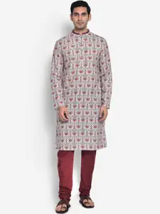 KISAH Men White Floral Printed Kurta with Churidar