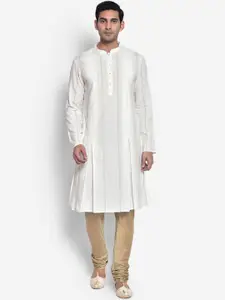 KISAH Men White & Beige Woven Design Cotton Blend Kurta Pyjamas Set
