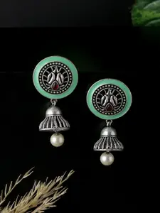 kashwini Sliver Plated & Green Oxidised Contemporary Jhumkas Earrings