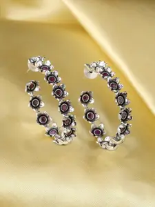 kashwini Silver-Plated Mauve Stone Studded Half Hoop Earrings