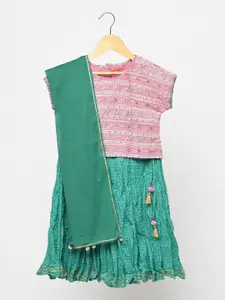 Fabindia Girls Pink & Green Printed Ready to Wear Cotton Lehenga & Blouse With Dupatta