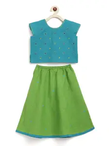 Fabindia Girls Green & Blue Printed Ready to Wear Cotton Lehenga & Choli