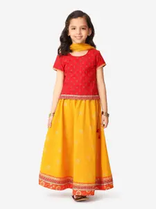 Fabindia Girls Red & Yellow Printed Ready to Wear Lehenga & Blouse With Dupatta