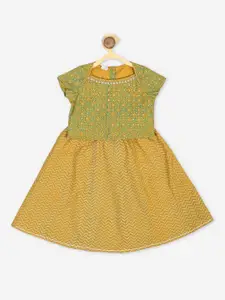 Fabindia Girls Mustard & Green Printed Cotton Ready to Wear Lehenga & Choli