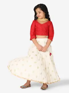 Fabindia Girls Red & White Embroidered Foil Print Ready to Wear Lehenga & Blouse With Dupatta