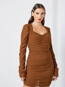 Femme Luxe Women Brown Solid Ruched Bodycon Mini Dress