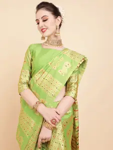 Sangria Olive & Gold-Toned Woven Design Silk Blend Assamese Mekhela Chador