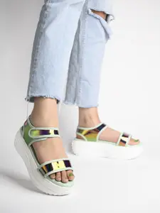 Shoetopia Women Green & White Embellished Flatform Sandals