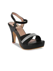 Shoetopia Black & Beige Textured Heels