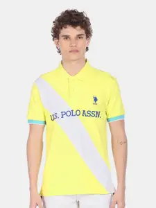 U.S. Polo Assn. U S Polo Assn Men Yellow Brand Logo Striped Polo Collar Cotton T-shirt