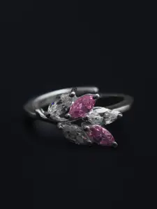 HIFLYER JEWELS Rhodium-Plated Silver-Toned & Pink Stone-Studded Finger Ring
