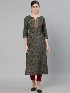 Nayo Women Blue & Maroon Paisley Printed Cotton Kurta