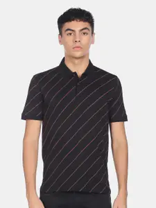 Arrow Men Black Striped Polo Collar Cotton T-shirt