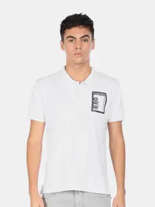 Flying Machine Men White Brand Logo Printed Polo Collar Cotton T-shirt