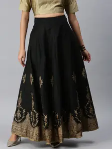 De Moza Women Black & Gold-Coloured Printed Flared Skirt